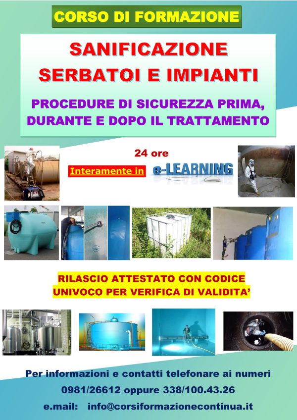 Corso di Formazione Sanificazione serbatoi e impianti. Procedure di sicurezza prima, durante e dopo il trattamento